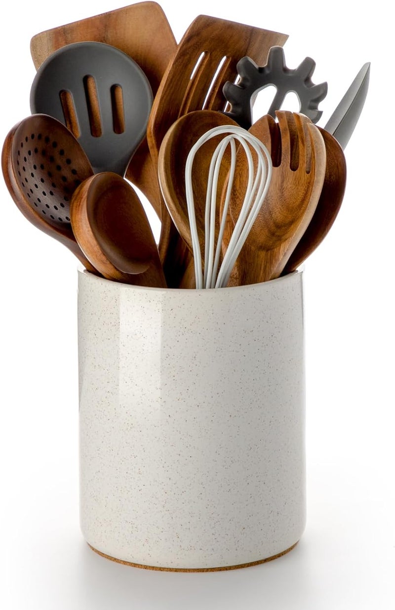 Nucookery Utensil Holder, 6.4" Ceramic Kitchen Utensil Holder for Countertop with Protection Cork Bottom, Vintage Farmhouse Kitchen Decor for Counter, Gift (Sand) - Image 1